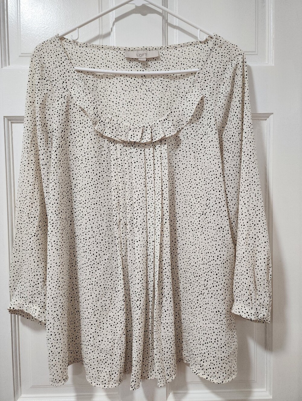 LOFT Cream Top with Black Micro Dot Ruffle Scoop Neck
